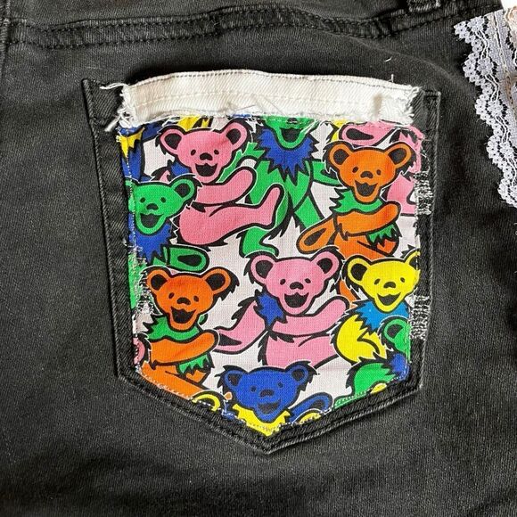 Upcycled Skinny Jeans Dark Wash Reworked Grunge Concert Grateful Dead Bears 28 - Picture 12 of 13